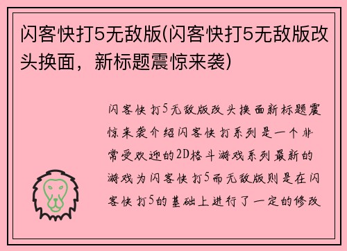 闪客快打5无敌版(闪客快打5无敌版改头换面，新标题震惊来袭)